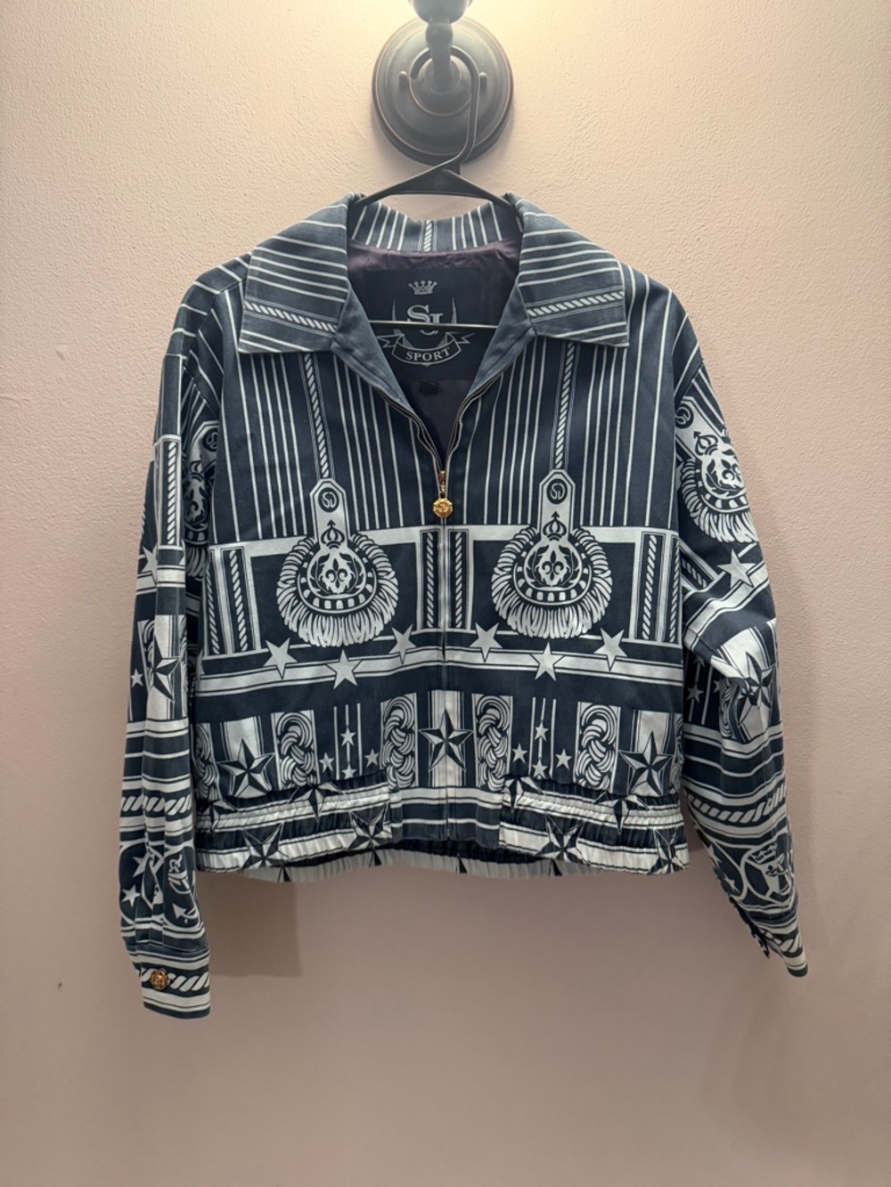 St John Sport Marie Gray Navy White Nautical Star Crest Zip Cropped Jacket P